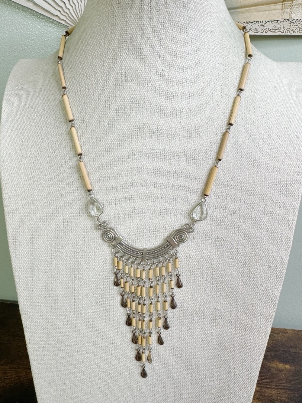 Boho Cream and Silver Fringe Statement Necklace